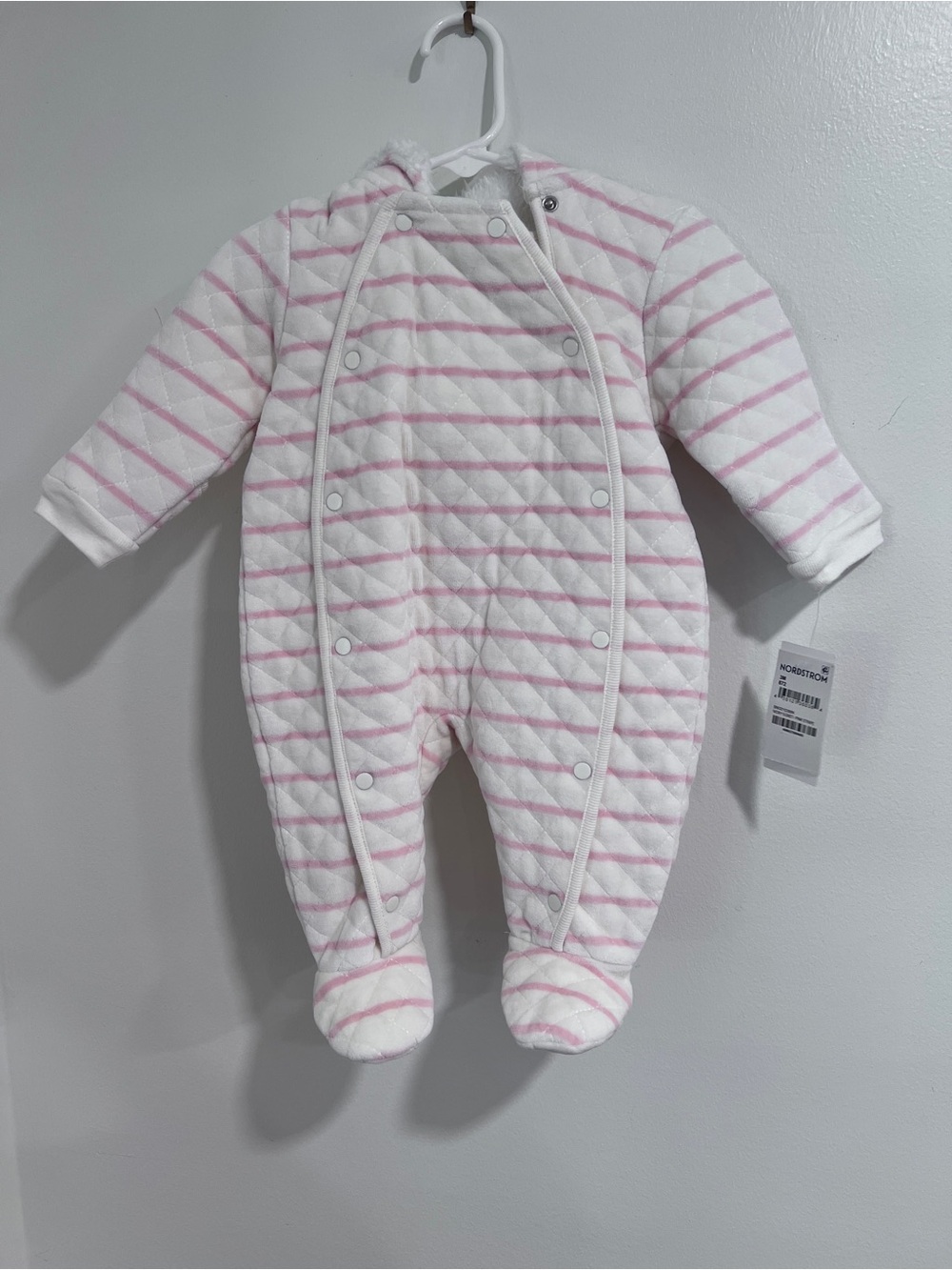 Nordstrom White Quilted Footed One-Piece with Pink Stripes - Picture 1 of 10